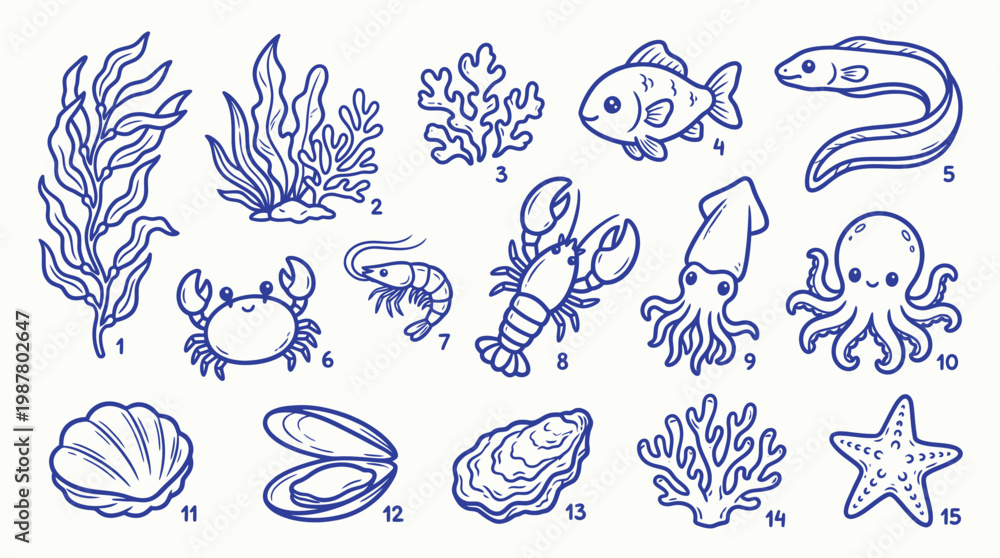 Naklejka premium A charming collection of hand-drawn blue line art illustrations depicting various marine life and underwater flora, including seaweed, coral, fish, crustaceans, mollusks, and echinoderms.