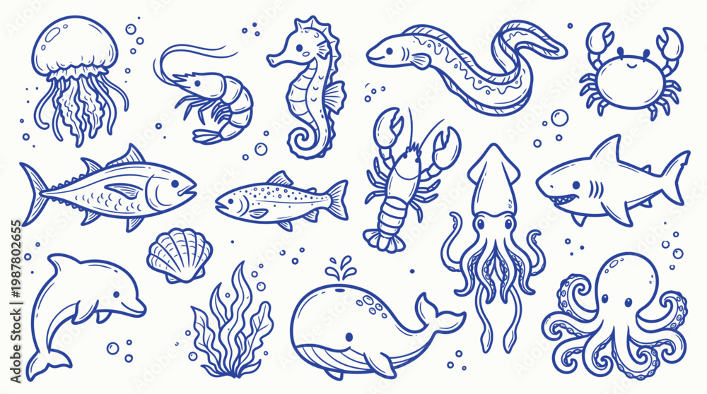 Obraz premium A charming collection of hand-drawn blue line art illustrations depicting various marine animals and sea life in a whimsical style.
