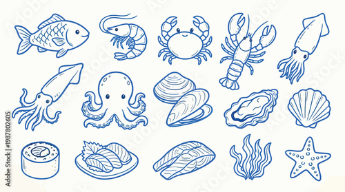 A charming collection of hand-drawn seafood illustrations, featuring a variety of marine life and prepared dishes, presented in a clean, blue-line art style on a white background.