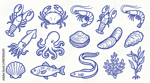A delightful collection of hand-drawn seafood illustrations, featuring a variety of marine life and oceanic plants.