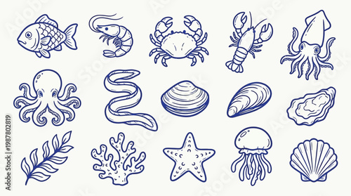 A charming collection of hand-drawn seafood and marine life illustrations in a simple blue outline style.