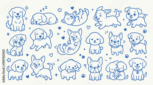 A charming collection of adorable hand-drawn puppies in various playful poses, rendered in a simple blue outline style on a white background, perfect for cute and whimsical designs.