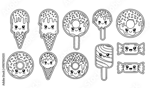 Cute kawaii sweets character set with ice cream donuts and candies for kids coloring book vector collection
