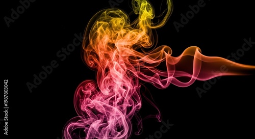 Vibrant multicolored smoke swirling on a black background with pink, orange, and yellow hues