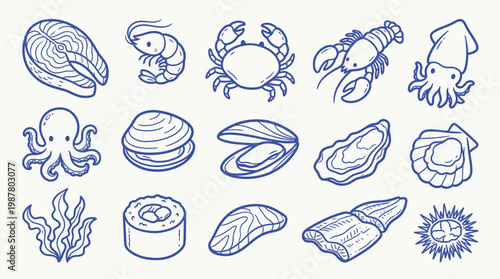 A collection of hand-drawn illustrations of various seafood items, including fish, shellfish, and other marine delicacies, presented in a clean, blue-lined style on a white background.