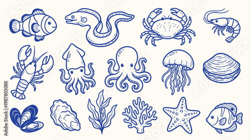 A charming collection of hand-drawn blue line art illustrations depicting various marine creatures and underwater elements on a cream background.