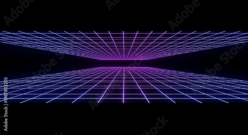 Vibrant purple and blue neon grid pattern on black background with futuristic design elements and glowing lines