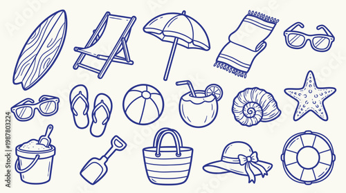 A charming collection of hand-drawn beach and summer vacation essentials, perfect for illustrating a sunny getaway.