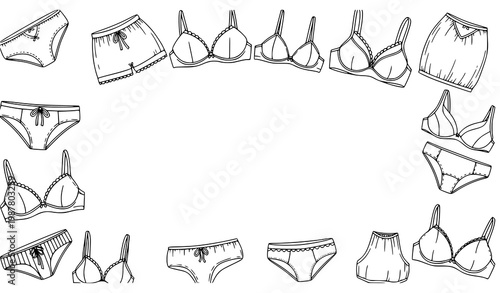 Women lingerie bra fashion doodle frame vector set in black outline clothing sketch illustration design