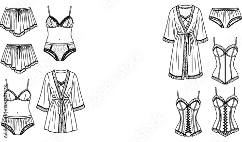Women lingerie fashion doodle frame vector set with negligee peignoir corset outline illustration template
