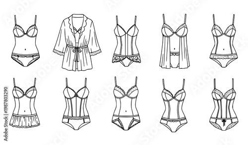 Women lingerie fashion sketch vector set with negligee peignoir and corset doodle outline illustration