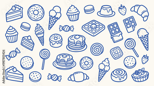 A delightful collection of hand-drawn illustrations featuring a variety of sweet treats and desserts, perfect for culinary themes.