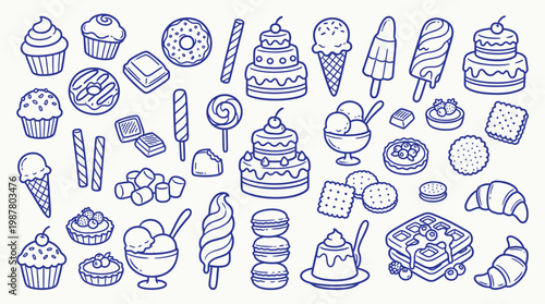 A delightful collection of hand-drawn illustrations featuring a wide variety of sweet treats and desserts, perfect for culinary themes.