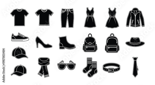Black silhouette icons depicting various clothing items and accessories