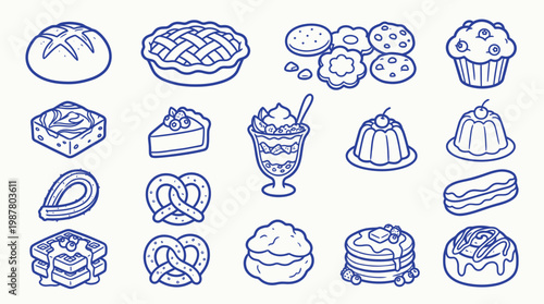 A charming collection of hand-drawn baked goods and desserts, perfect for culinary themes and sweet treat illustrations.