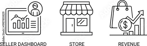 Ecommerce business line icon set with seller dashboard, store, and revenue analytics for online marketplace and retail applications