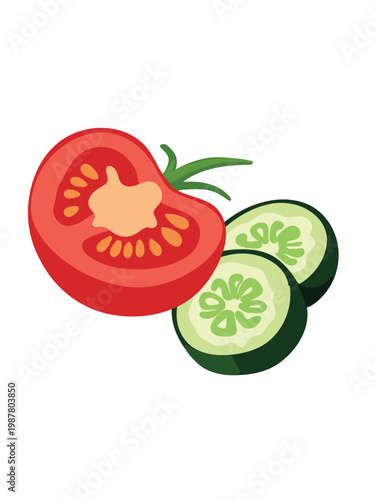 healthy vegetable concept tomato segment with cucumber slices isolated