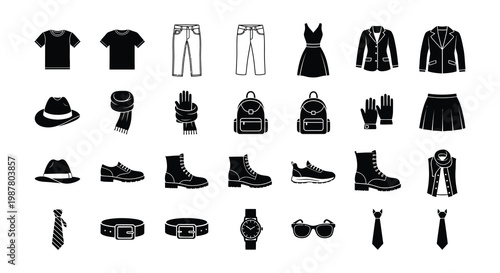 Black silhouette icons depicting various clothing items and accessories