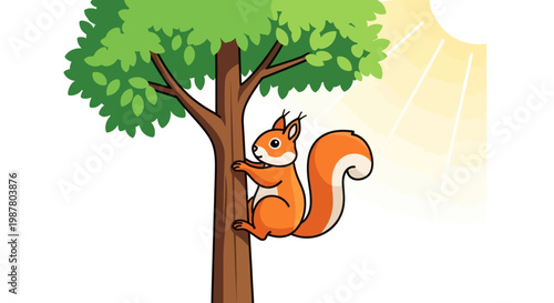 Cartoon Squirrel on Tree Trunk Side.