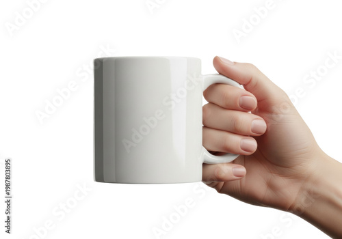 Caucasian hand holding a glossy white ceramic coffee mug isolated on a transparent background in a studio setting. Concept for product mockup and branding