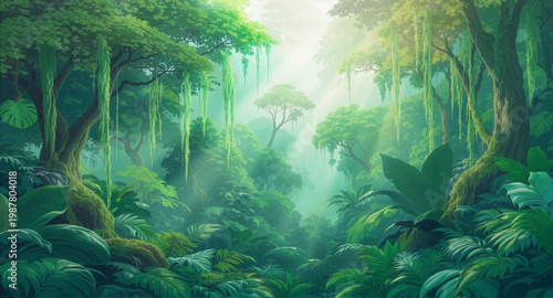 Misty rainforest featuring hanging vines beside calming tones. Tropical serenity artwork for meditation campaigns. Humid forest scene with delicate suspended tendrils