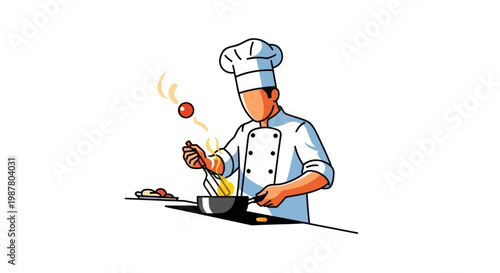 Chef cooking in kitchen with pan.