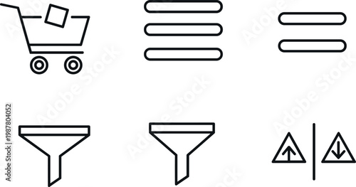 Ecommerce interface and filter outline icon set with shopping cart, menu, sorting, and navigation symbols for digital applications