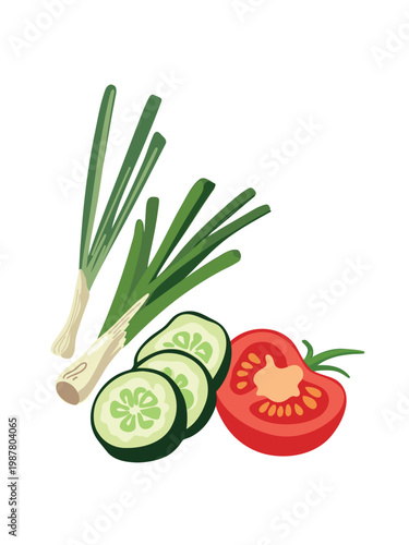 green onion leaves with crisp cucumber slices and juicy tomato wedge clean isolated background