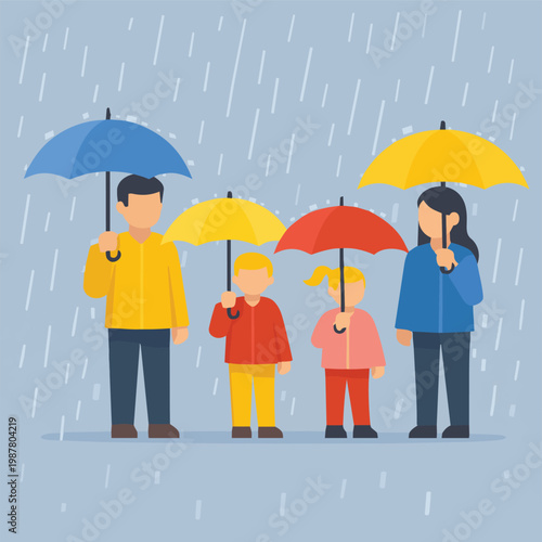 Happy family standing together under colorful umbrellas in rainy weather, parents and children staying dry during rainfall, flat vector illustration of protection, care, and togetherness.