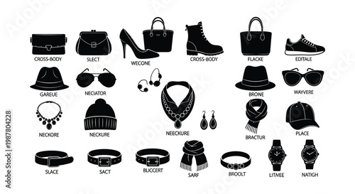 Collection of black silhouette fashion accessories and footwear items