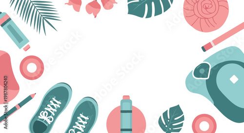 A stylish flat-lay vector background featuring tropical foliage, athletic gear, and wellness elements in a soft teal and pink color palette.