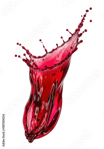 An explosive splash of ruby red berry juice with sharp spikes and droplets frozen in mid-air against a transparent background. Concept for beverage advertising