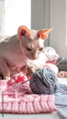 A hairless cat playing with yarn and knitting