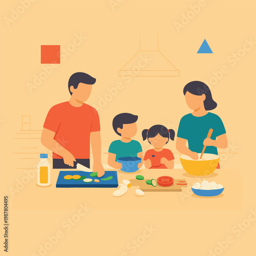 Happy family cooking together in modern kitchen, parents and children preparing healthy meal, chopping vegetables, mixing ingredients, bonding time, flat vector illustration styles.