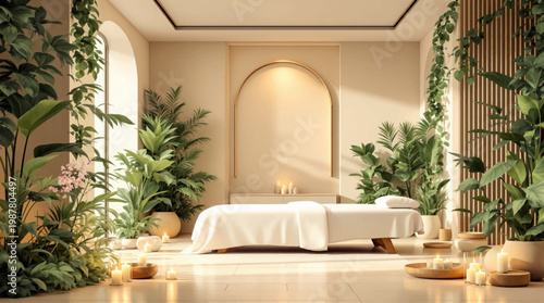 Peaceful spa setting with candles and greenery for wellness. Serene spa environment with natural plants and soft lighting. Calm spa space featuring candles and lush plants for relaxation