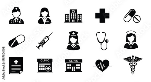 Collection of black medical icons representing healthcare and hospital themes