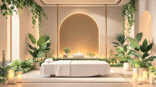 Luxury spa alcove, arch lighting, vines, candles. Premium wellness sanctuary, framed niche, lush foliage. Elegant retreat interior, warm glow, balanced greenery