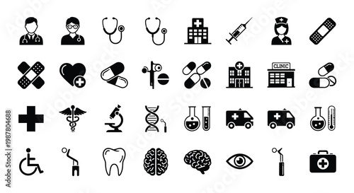 Collection of black medical icons representing healthcare and hospital themes