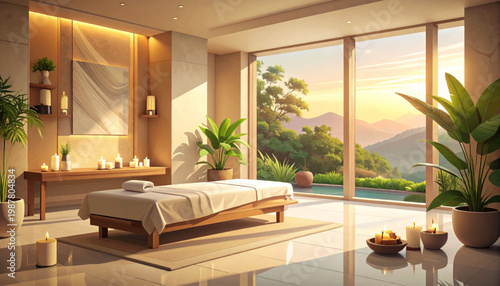 Panoramic massage room, valley vista, calm candles. Modern wellness retreat, expansive glass, sunrise hills. Scenic spa interior, elegant bed, peaceful horizon