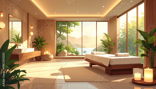 Resort spa suite, lake vista, massage bed, candles. Scenic wellness room, mountain window, elegant calm. Luxury retreat interior, waterside view, tropical plants