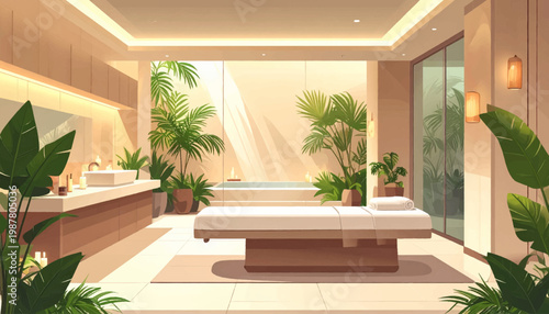 Luxury spa bathroom, soaking tub, massage table. Modern wellness suite, marble vanity, tropical decor. Serene bathing interior, candles, greenery, soft light