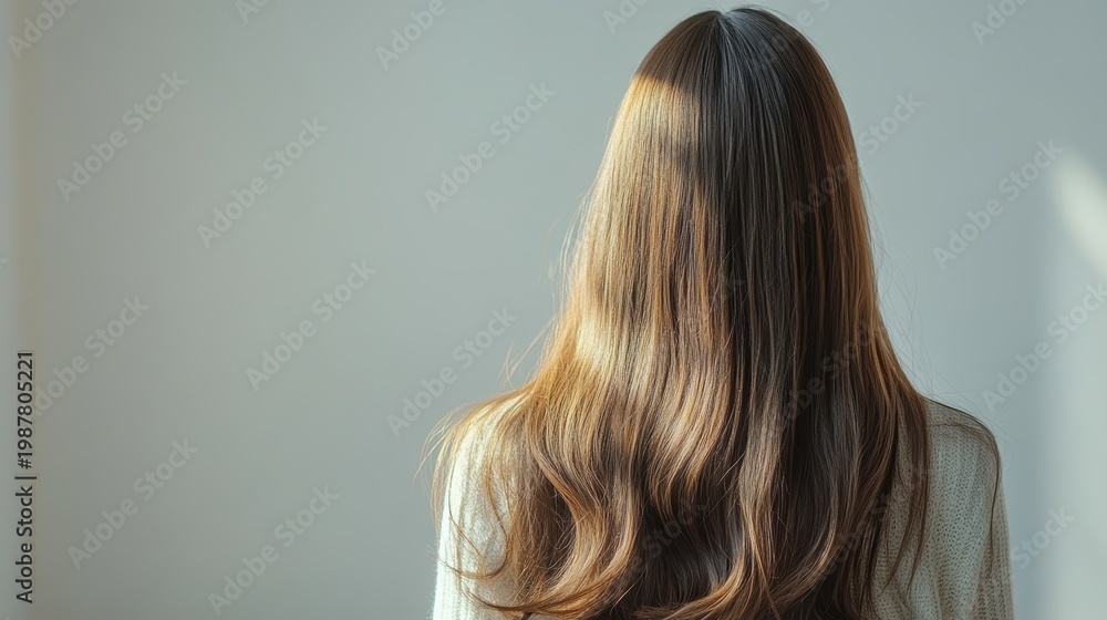 Naklejka premium Beautiful model girl with Brown hair strand,silky healthy chestnut wavy hair strand,hair wavy ribbon, with smooth,Keratin straightening,Treatment,straight long hair,procedures,Smooth hairstyle.