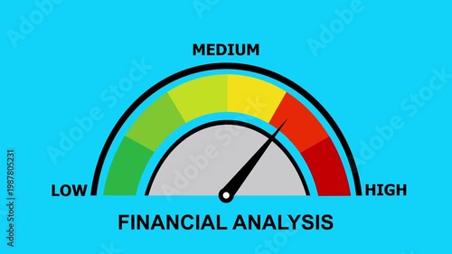 A video showcasing a financial analysis gauge with a medium risk level on a blue background