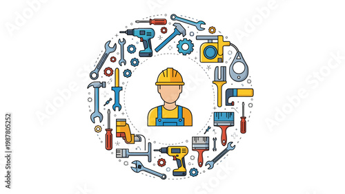 Construction worker in yellow hard hat surrounded by a circular frame of various handyman tools like wrenches drills and brushes.