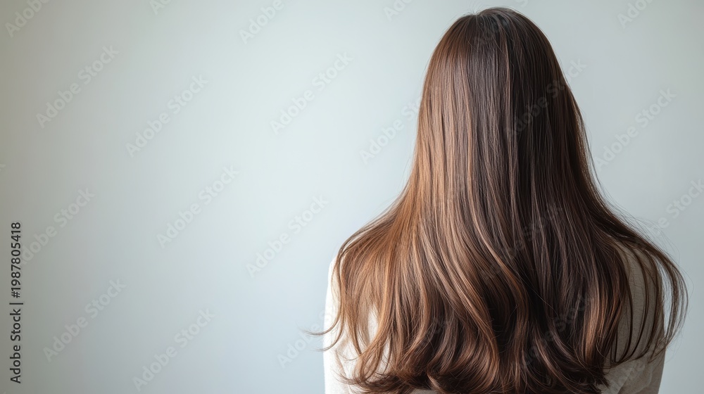 Fototapeta premium Beautiful model girl with Brown hair strand,silky healthy chestnut wavy hair strand,hair wavy ribbon, with smooth,Keratin straightening,Treatment,straight long hair,procedures,Smooth hairstyle.