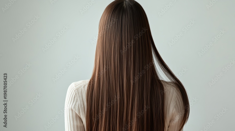Naklejka premium Beautiful model girl with Brown hair strand,silky healthy chestnut wavy hair strand,hair wavy ribbon, with smooth,Keratin straightening,Treatment,straight long hair,procedures,Smooth hairstyle.