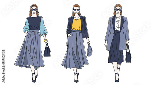 Three fashion illustrations of women wearing stylish modern outfits including long skirts jackets and accessories for fashion design.
