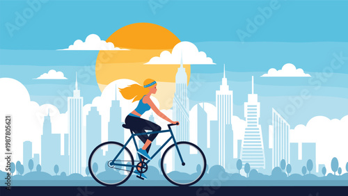 Active woman riding a bicycle against a modern city skyline at sunset for healthy urban lifestyle and eco friendly transport themes.