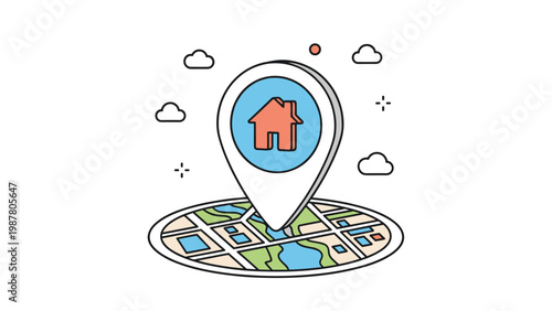 Large map pin with a house icon on top of a circular urban map for real estate searching and property location tracking services.