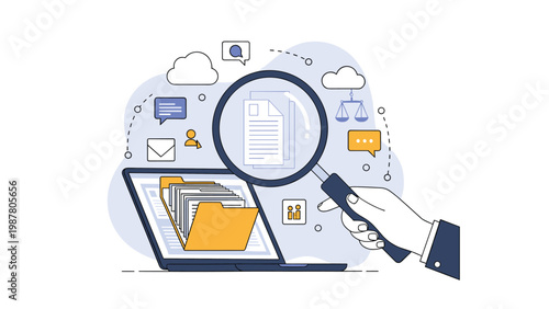 Hand with magnifying glass over a laptop screen with an open folder for digital document research and computer data forensic analysis.